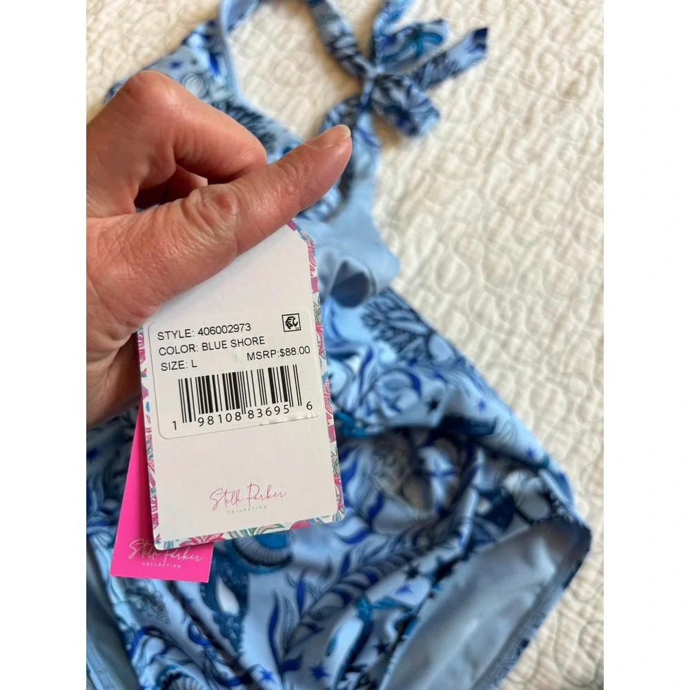 Stella‎ Parker Womens Blue Shore Halter One Piece Swimsuit Tummy Toner Large